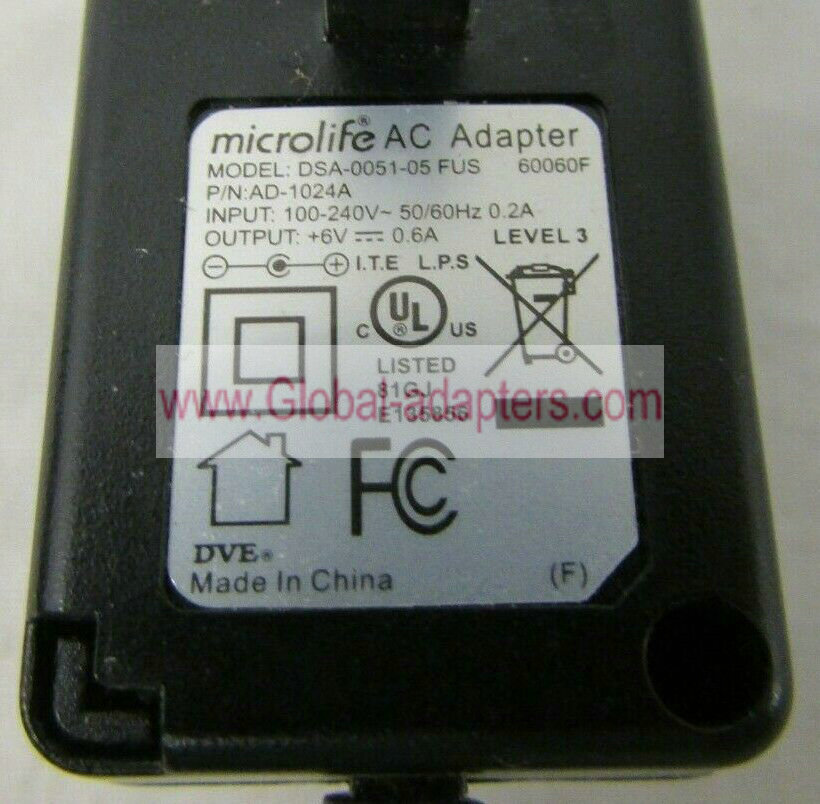 NEW Microlife 6V DC 0.6A AD-1024A AC Adapter DVE DSA-0051-05 FUS 60060F Power Supply